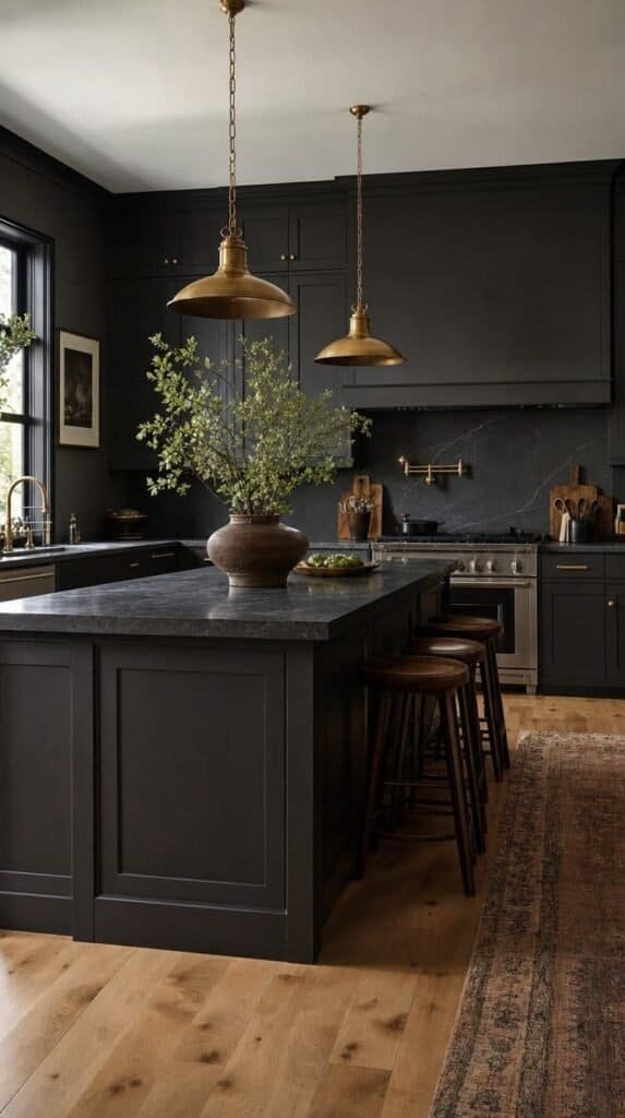 Charcoal kitchen island and cabinets with brass pendants over white oak floors