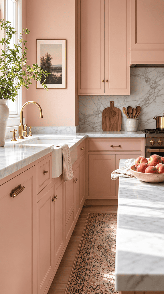 Blush pink kitchen with matching cabinets, brass faucet, and marble counters