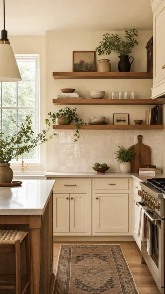 Cream kitchen with matching cabinets and walls, warm wood shelves, and ivory tile