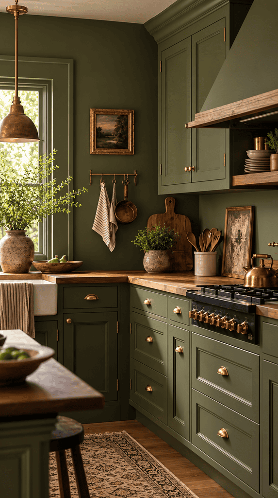 Olive green kitchen with aged brass fixtures and butcher block counters