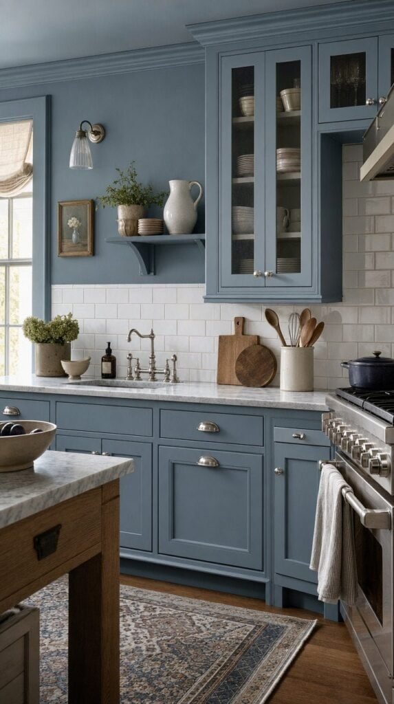 Dusty blue kitchen with matching cabinets, white subway tile, and nickel hardware