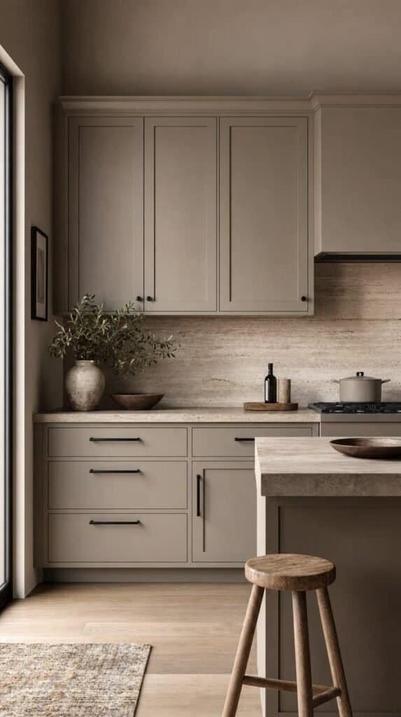 Taupe kitchen with travertine backsplash, matte black pulls, and a wooden stool