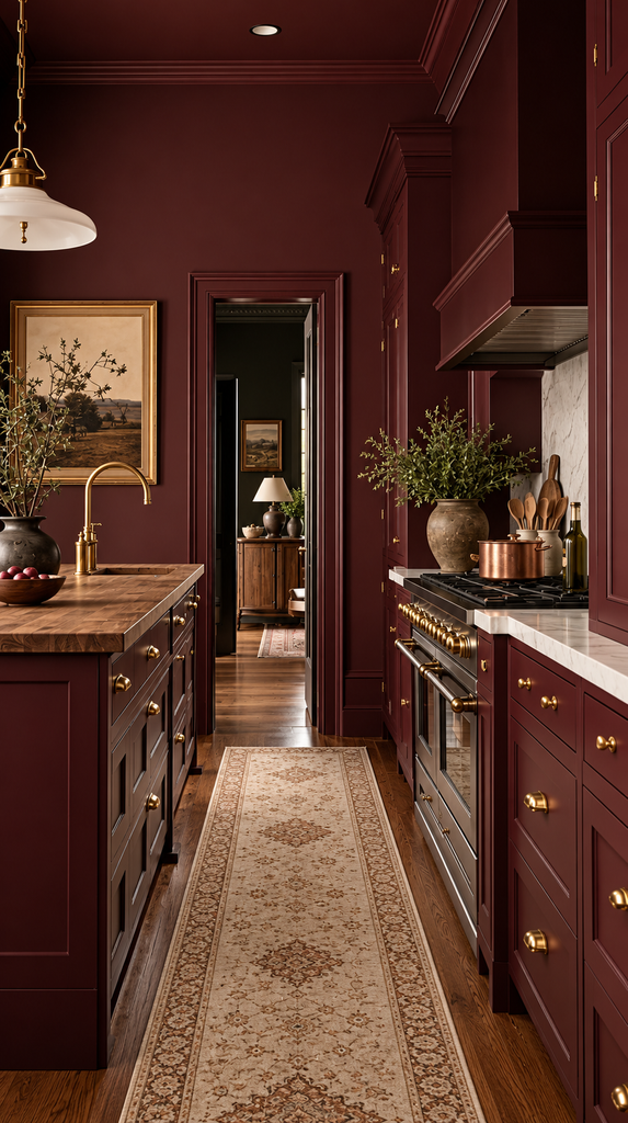 Rich burgundy kitchen with brass hardware, wood floors, and a cream runner
