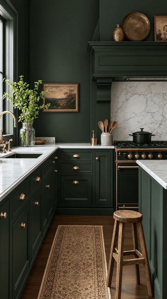 Deep forest green kitchen with matching cabinets, brass handles, and marble counters