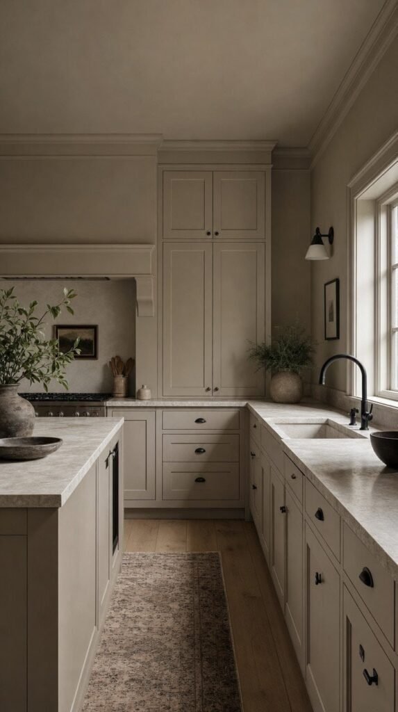 Warm greige kitchen with matching cabinets, walls, trim, and matte black faucet