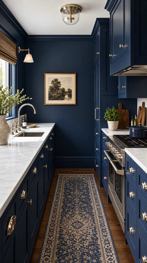 Navy blue kitchen with matching cabinets, nickel hardware, and white countertops