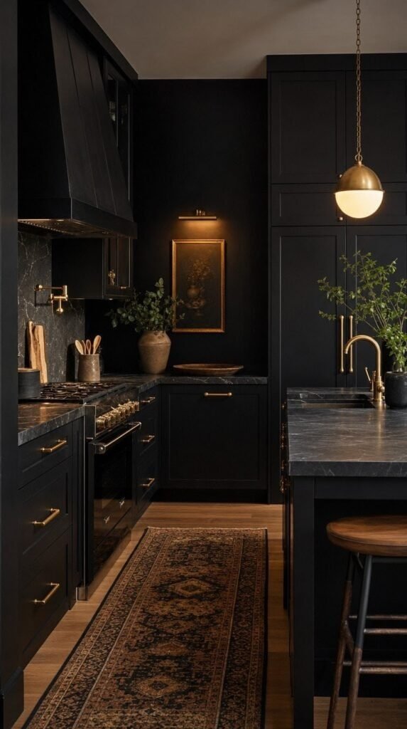 Matte black kitchen with brass hardware and a warm glowing pendant light