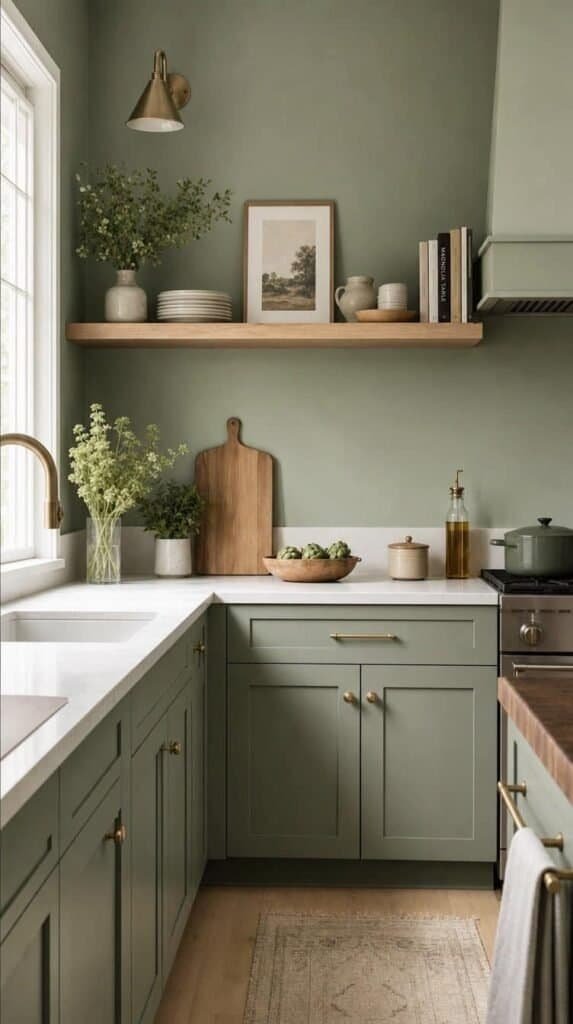 Sage green kitchen with light wood open shelf and white counters