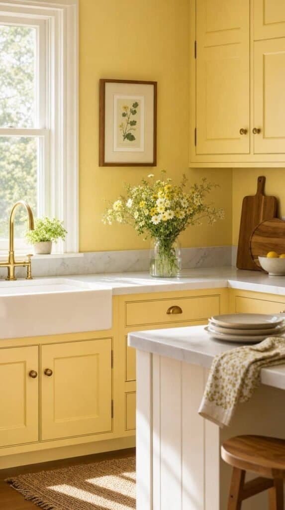 Butter yellow kitchen with matching cabinets, white counters, and a small flower vase