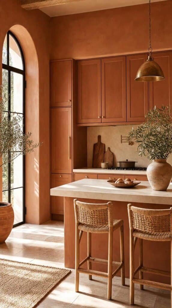 Terracotta kitchen with clay colored cabinets, cream counters, and woven stools