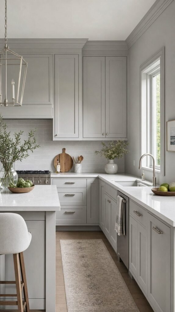 Soft gray kitchen with matching cabinets, brushed steel hardware, and quartz counters