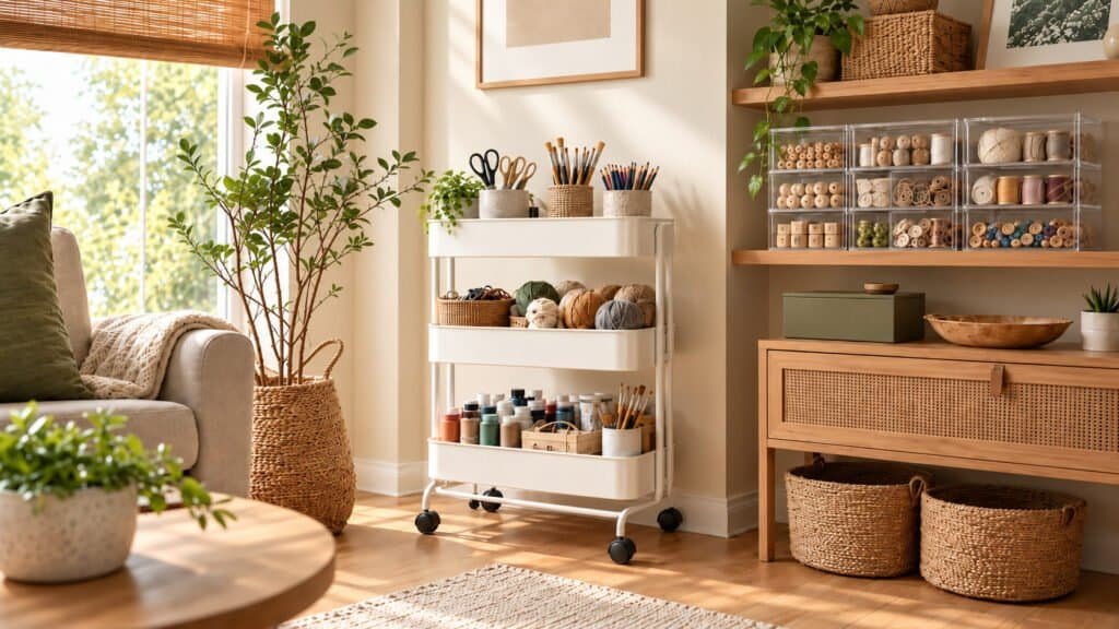 Hands sorting yarn, paint tubes and ribbon into neat piles on a wooden table