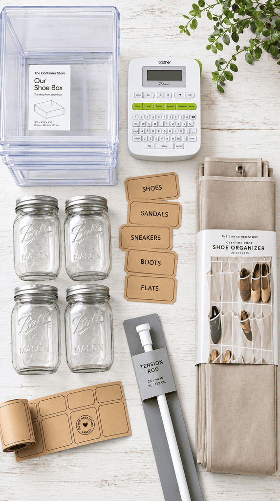 Flat lay of clear bins, label maker and jars used to organize craft supplies