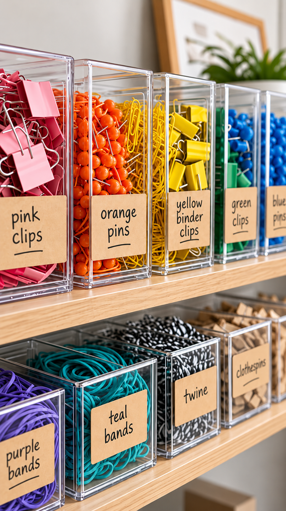 Row of clear storage bins with handwritten kraft paper labels on a tidy shelf