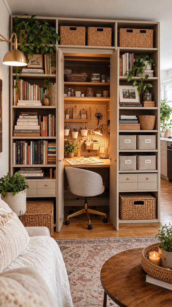 Cozy apartment bookshelf with a tucked away craft corner, baskets and labeled bins
