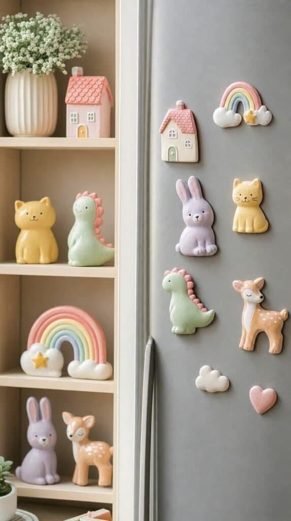Finished pastel painted plaster figurines and magnets displayed on a shelf and fridge