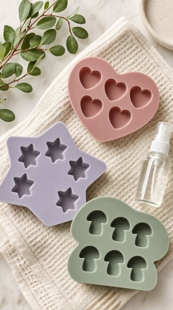 Clean silicone molds in heart, star, and mushroom shapes on a towel beside a spray bottle -plaster paint kits