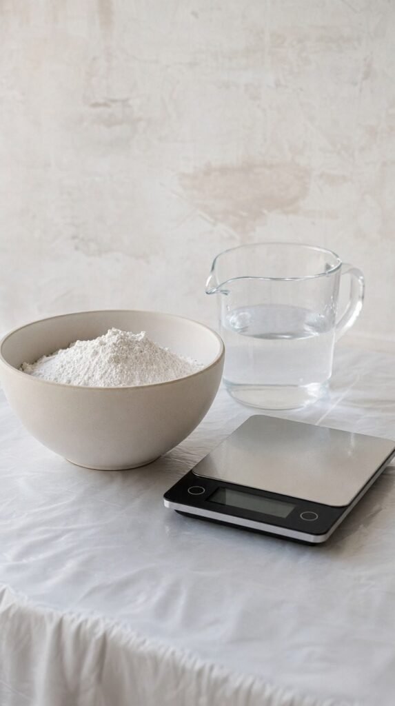 Bowl of plaster powder beside a measuring cup of water and a digital kitchen scale