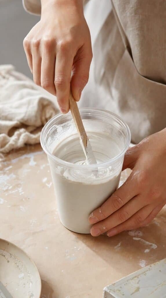 Creamy plaster being stirred gently with a wooden stick in a disposable cup
