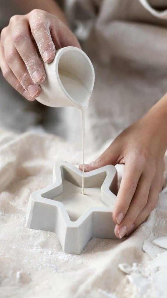 Plaster poured in a thin stream from a small cup into a silicone star mold