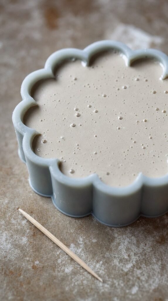 Close-up of wet plaster in a silicone mold with a toothpick popping surface bubbles
