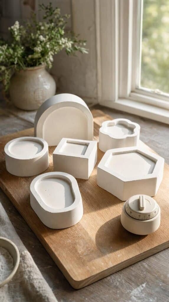 Filled plaster molds resting on a flat board near a sunny window with a kitchen timer