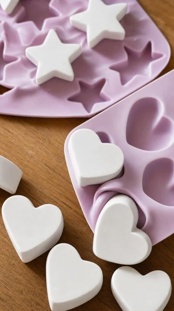 Smooth bubble-free white plaster hearts and stars lifted from silicone molds