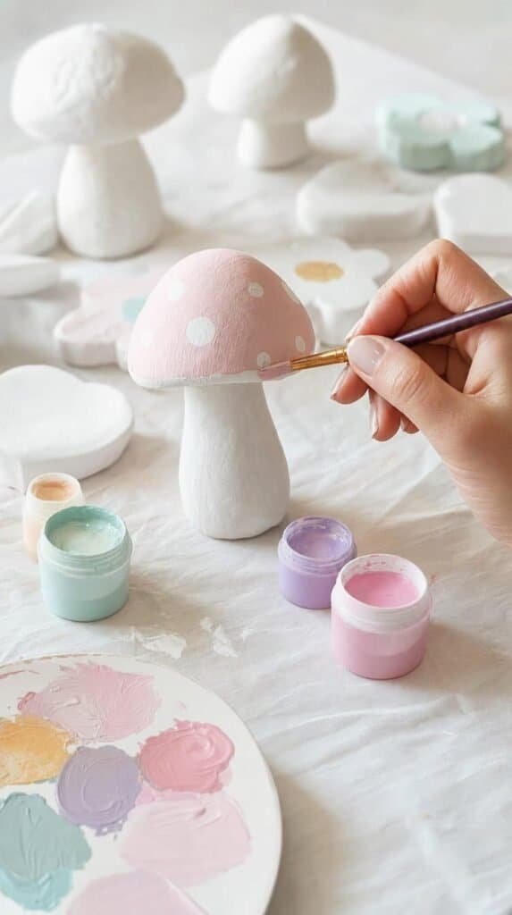 Hand painting a white plaster mushroom in pastel acrylic paint beside more painted shapes
