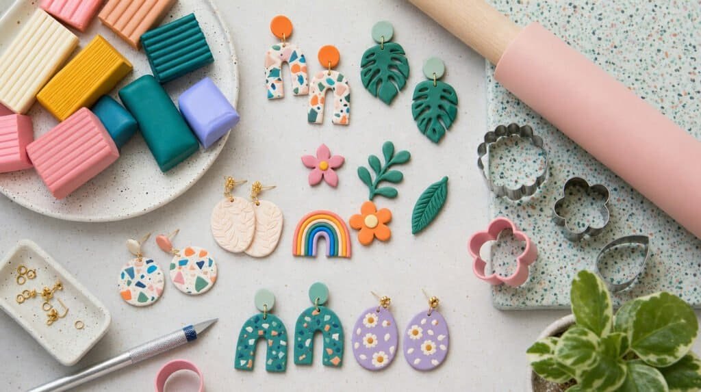 Flat lay of colorful polymer clay blocks with handmade clay earrings, charms, a roller and cutters