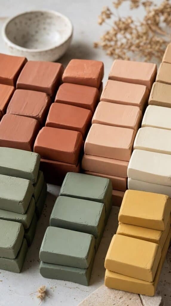 Polymer clay blocks in terracotta, sage, cream and mustard