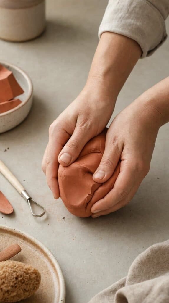 Hands kneading and warming terracotta polymer clay on a work surface