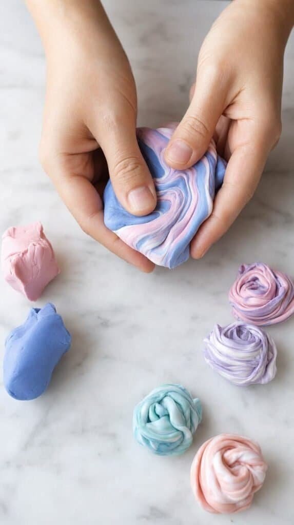 Hands mixing two polymer clay colors into a marbled swirl