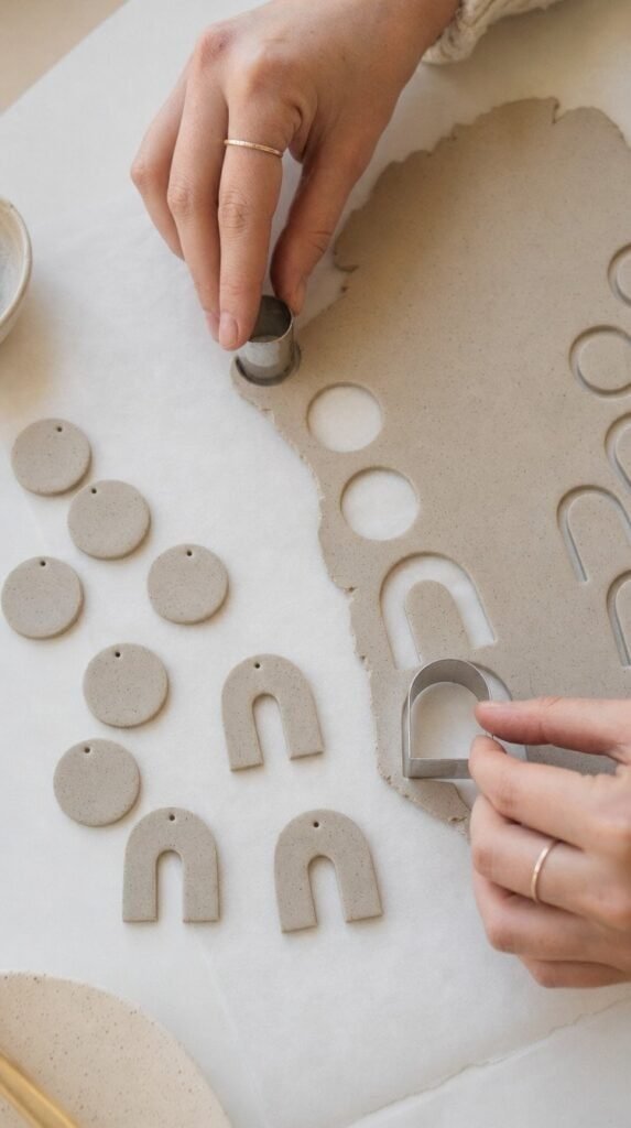 Hands cutting arch and circle shapes from rolled polymer clay