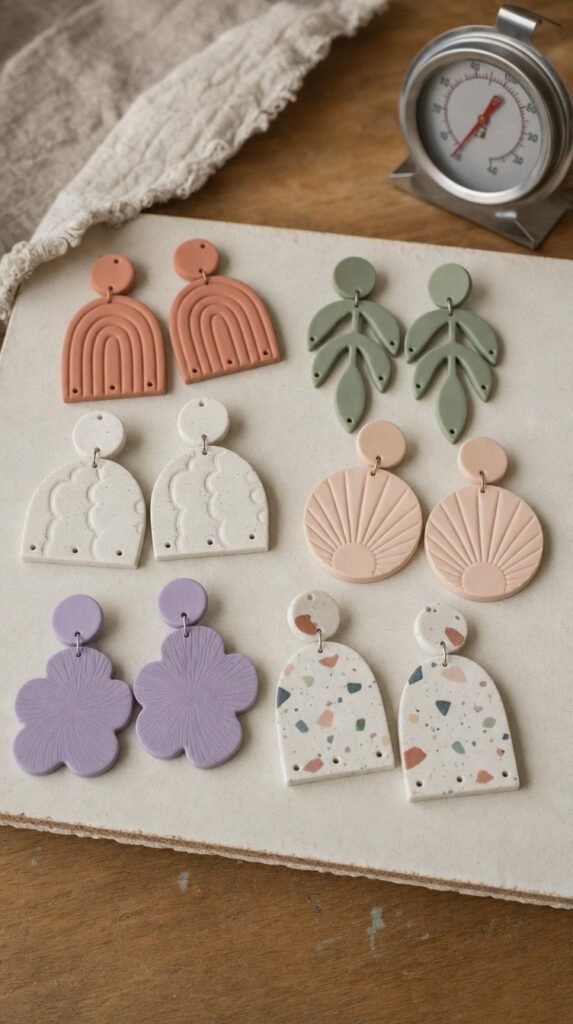 Unbaked polymer clay earrings on a ceramic tile next to an oven thermometer