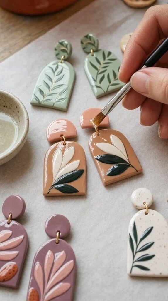 Brushing glaze onto finished baked polymer clay earrings