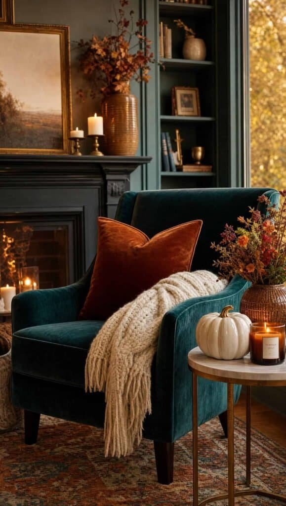 Cozy fall corner in teal, rust, and cream with a velvet armchair and glowing candles