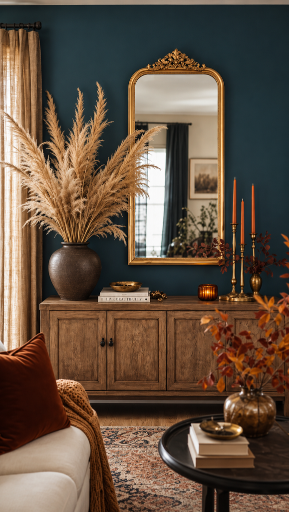 Living room accent wall painted deep teal with a wood console and gold framed mirror