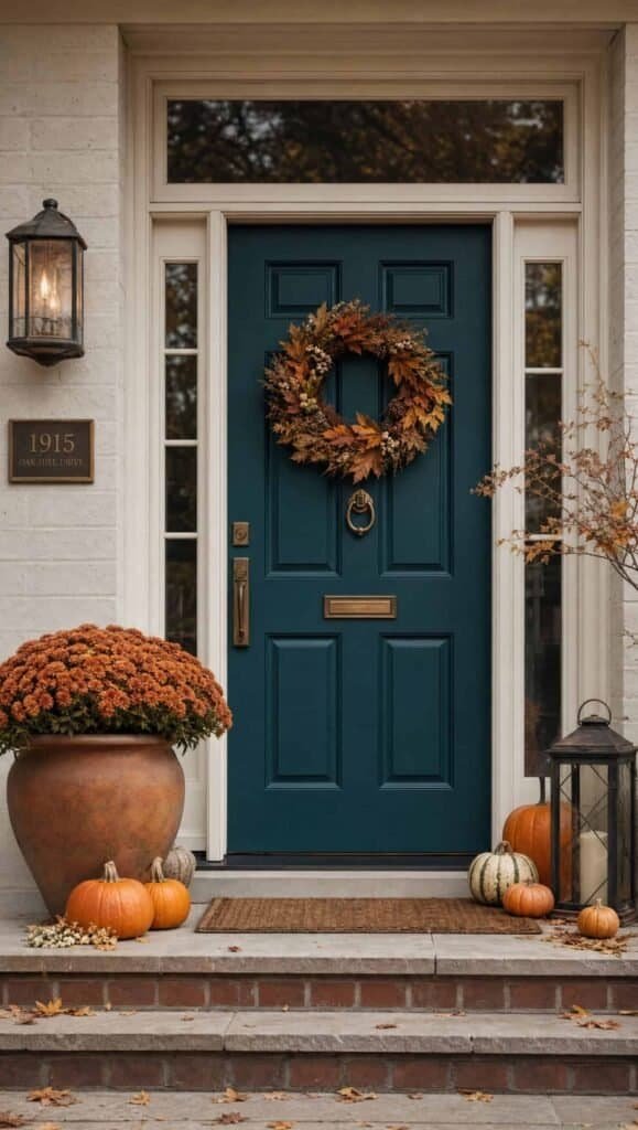 Teal front door with rust mums and small pumpkins on the porch steps