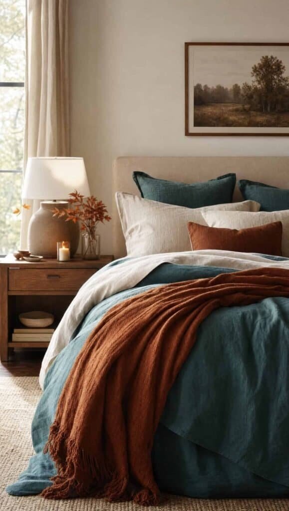 Bedroom with teal and cream linen bedding and a rust throw blanket