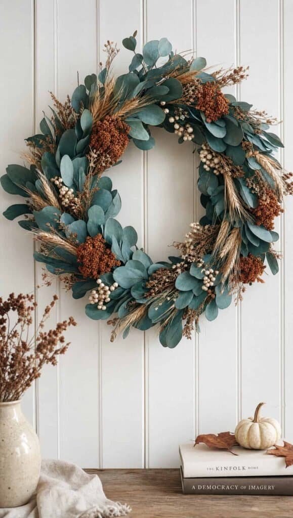 Teal wreath with dried rust florals and wheat on a white paneled wall