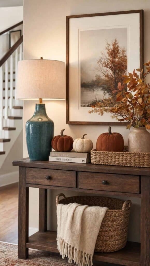 Entryway console with a teal lamp base, rust and cream pumpkins, and a woven basket