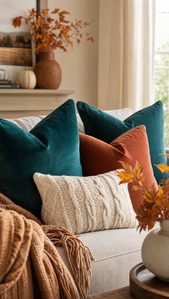 Teal velvet pillows layered with rust and cream knit pillows on a neutral sofa
