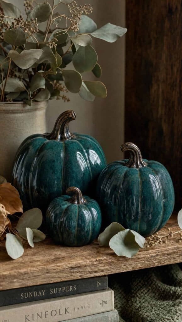 Deep teal glazed ceramic pumpkins in three sizes on a wooden shelf with eucalyptus