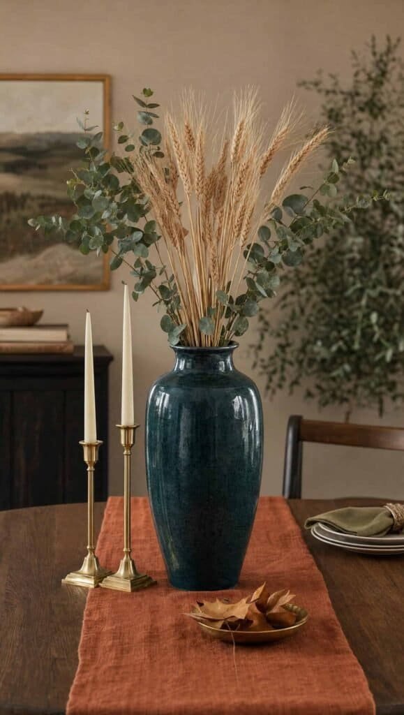 Teal ceramic vase with dried wheat on a dining table with a rust runner and gold candlesticks