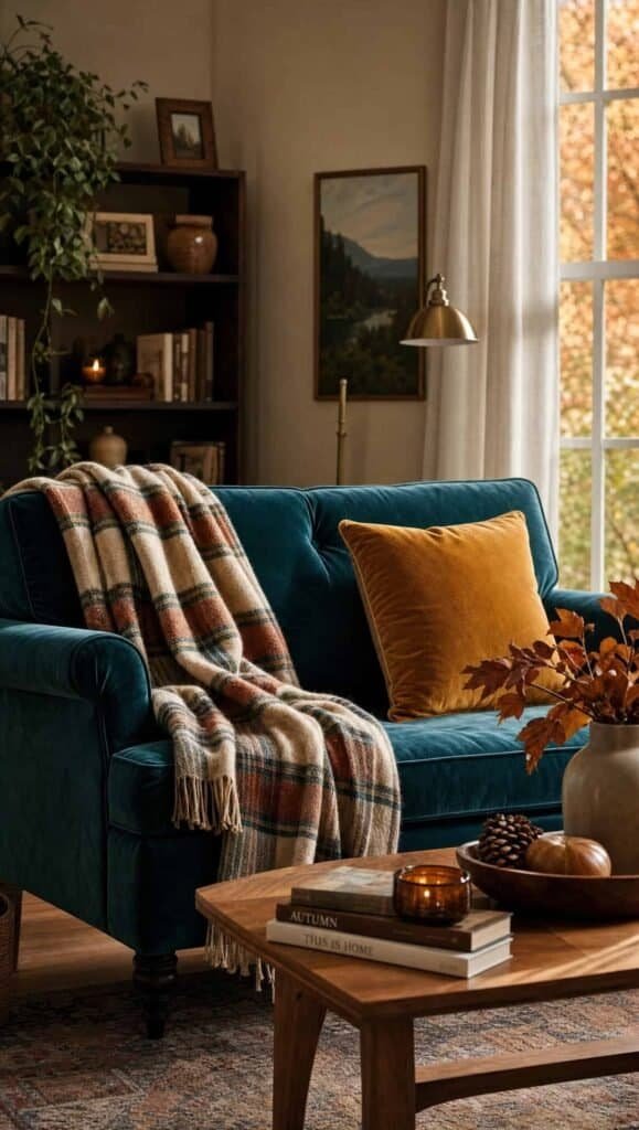 Teal velvet sofa with a plaid blanket and a mustard pillow in a cozy living room - teal fall decor ideas