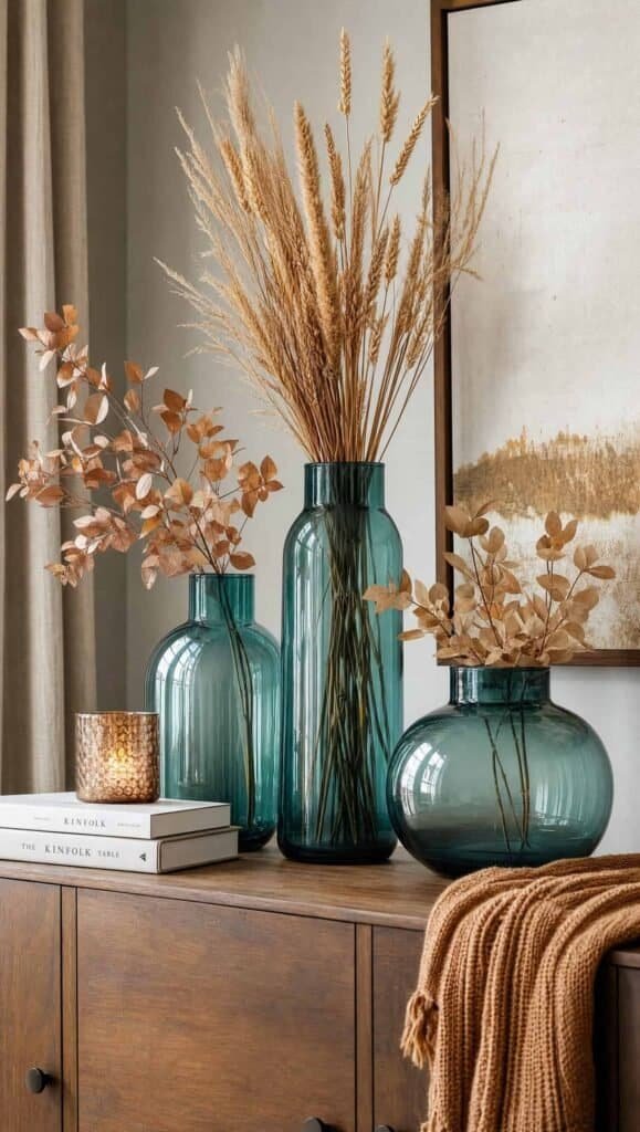 Teal glass vases with dried wheat and preserved leaves on a wooden sideboard