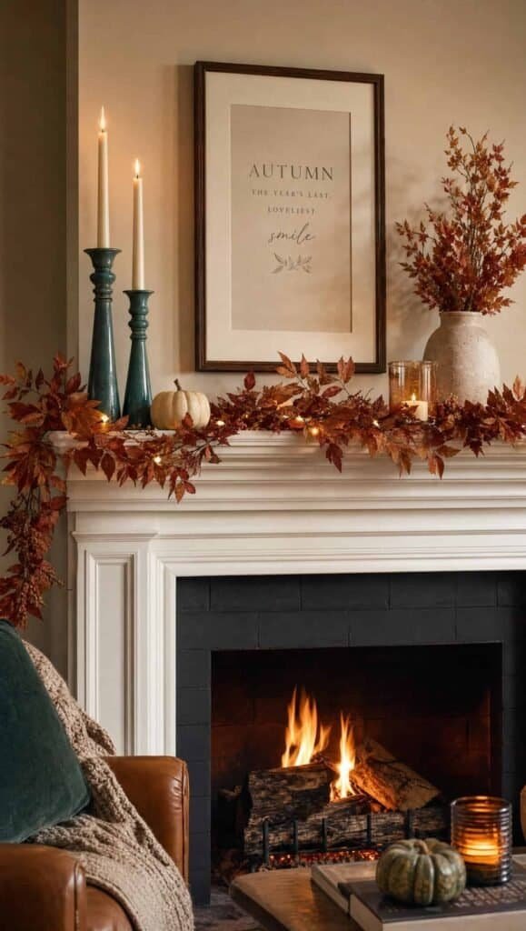 Fall mantel with teal candlesticks, cream tapers, and a garland of rust leaves