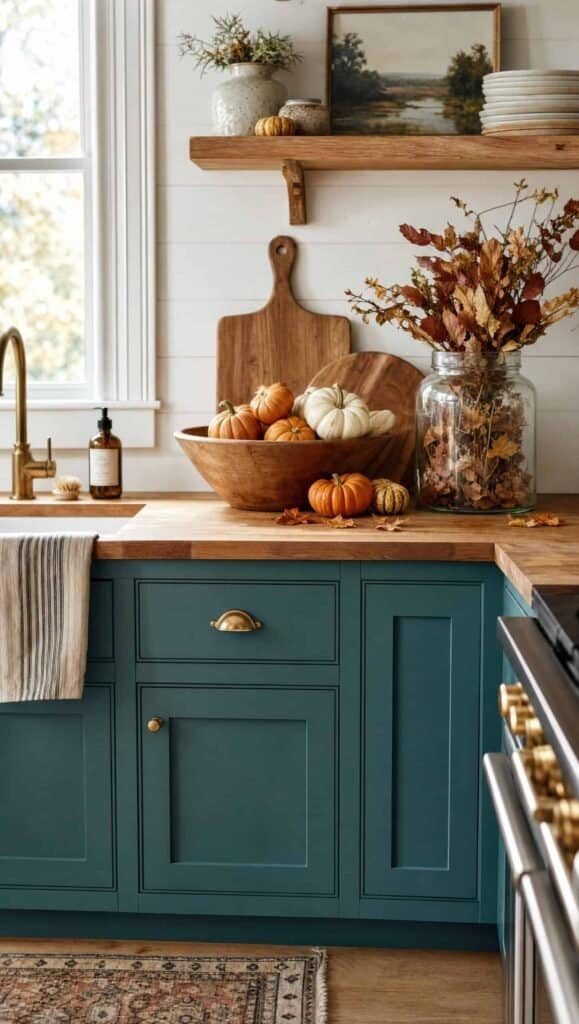 Kitchen with teal lower cabinets, a butcher block counter, and a bowl of small pumpkins