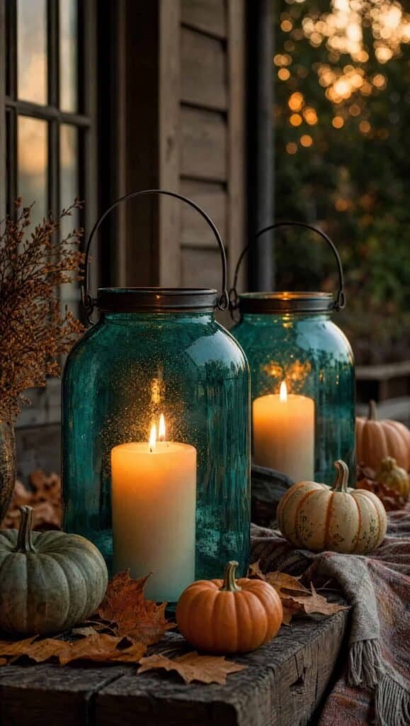 Teal glass hurricane lanterns with cream candles on a rustic table with pumpkins