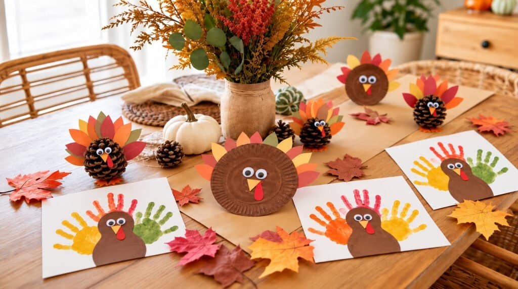 Table full of finished preschool Thanksgiving crafts including turkeys, pinecones and paper leaves